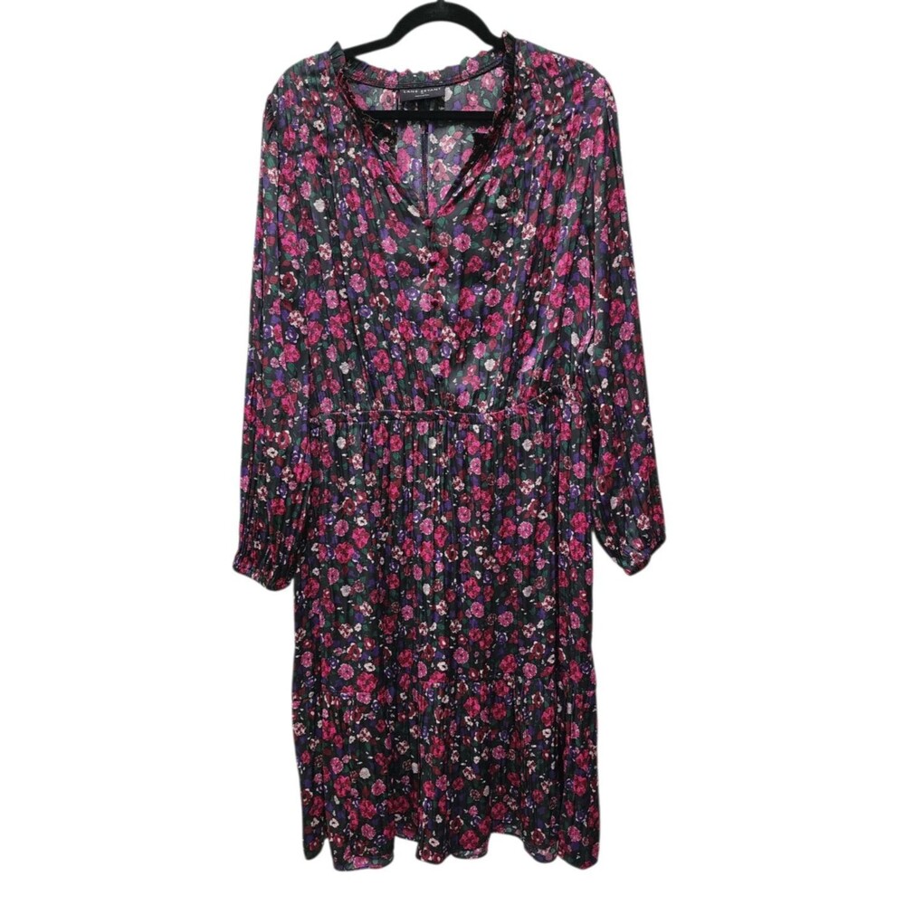 New Lane Bryant Pink/Purple Floral Long Sleeve Midi Dress Size 20 w/Pockets